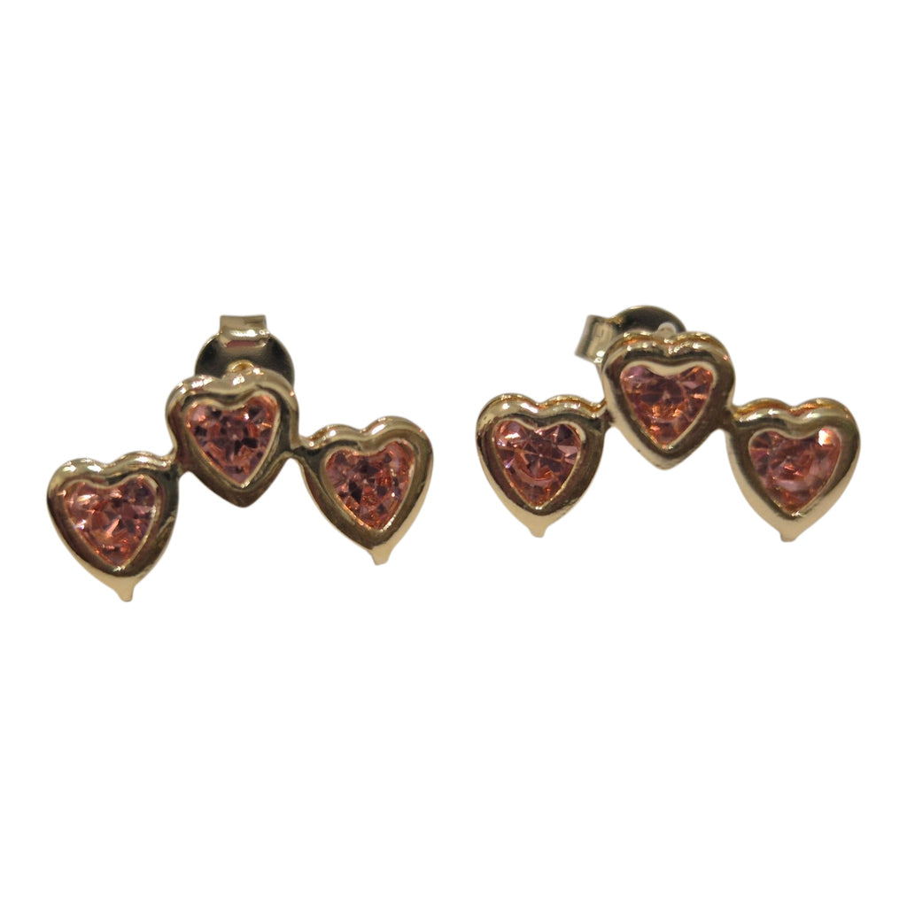 Aros trio corazón circon rosado, bañado en oro 18 k