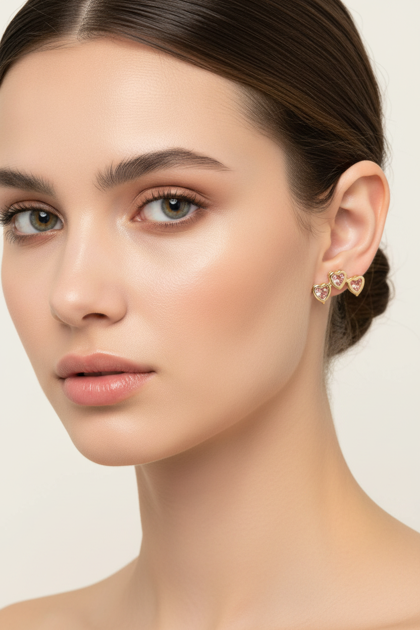 Aros trio corazón circon rosado, bañado en oro 18 k