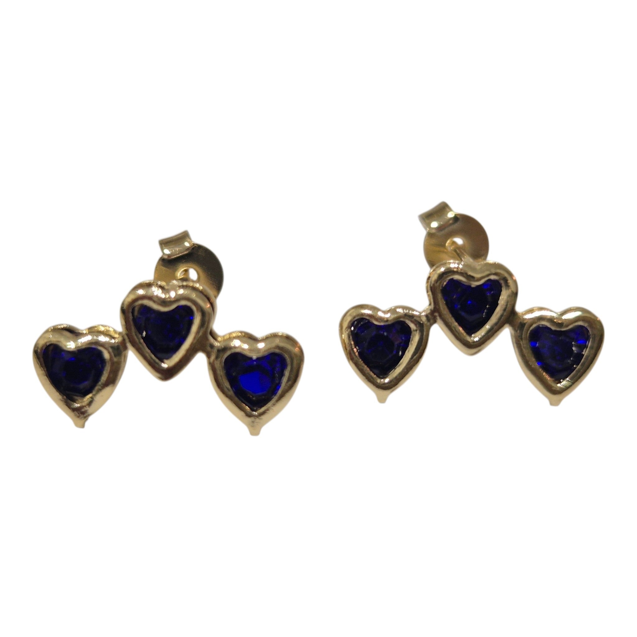 Aros trio corazón circon azul, bañado en oro 18k
