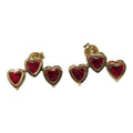 Aros trio corazón circon rojo, bañado en oro 18 k , cierre mariposa.