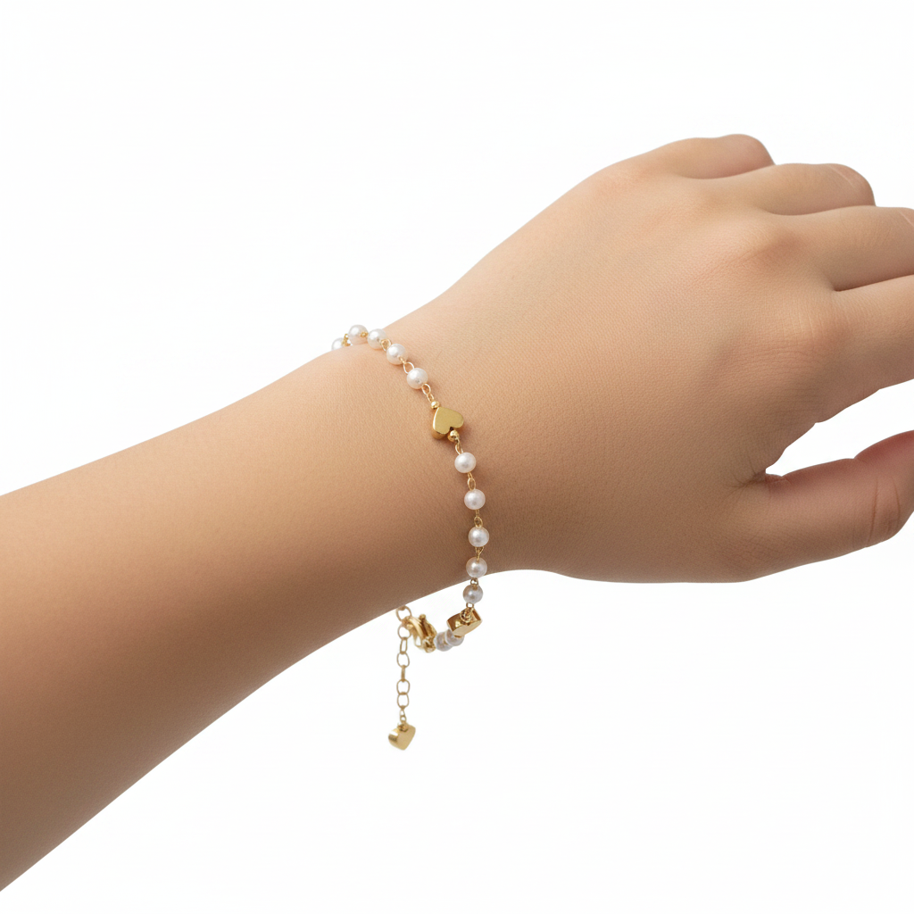Pulsera infantil,  perlas y corazónes.